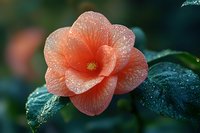 Delicate coral-colored camellia flower with water droplets on petals against dark green leaves creates serene garden atmosphere in morning dew.