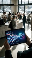 Person holding tablet displaying software interface in modern office café with diverse colleagues networking by windows overlooking urban parking lot and street.