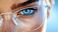 Close up view of bright blue eye with natural freckles seen through transparent protective eyewear against soft blue background, showcasing eye safety and vision care.