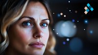 Young blonde woman with blue eyes gazing thoughtfully with bokeh lights creating dreamy atmosphere for lifestyle and portrait photography projects.