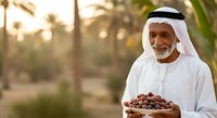 Senior Middle Eastern man in traditional white kandura and ghutra holding basket of fresh dates in palm grove garden setting for agricultural and cultural content.