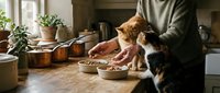 Person preparing healthy pet food in rustic kitchen with orange tabby and black white cats waiting nearby for mealtime feeding routine.