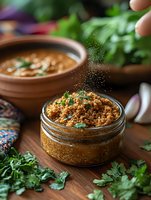Homemade spice blend with fresh herbs falling on aromatic seasoning mix in glass jar on wooden table, selective focus on golden spices and parsley.
