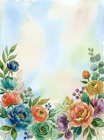 Watercolor floral frame with blue peonies, coral roses, yellow ranunculus, and purple flowers arranged on soft pastel background with foliage, ideal for invitations and greeting cards.