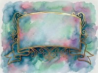 Elegant gold ornate frame with ribbon banner on soft watercolor background in pastel teal, pink and green tones for greeting cards.