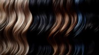 Wavy strands of hair in multiple colors including blonde, brunette, black, and blue highlights against dark background, showcasing modern hairstyling trends.