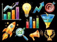 Watercolor business icons set with growth charts, rocket, trophy, megaphone, target, funnel, and bulb, isolated on transparent background, ready for clipart and t-shirt design.
