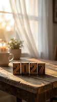 Wooden blocks spelling 2027 on a rustic table in warm sunlight, cozy home interior, new year concept for calendars and planners.