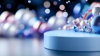Festive blue and pink holiday decorations with soft bokeh lights on round podium display. Elegant Christmas ornaments create magical seasonal atmosphere.