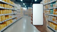 Hand holding modern smartphone with blank white screen in supermarket aisle with blurred product shelves in background, mockup for shopping app or mobile commerce.