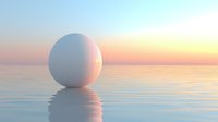 White sphere floating on calm water surface reflecting sunset sky with soft pastel colors, creating minimalist serene composition for meditation and wellness concepts.