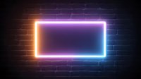 Glowing neon rectangle frame with gradient colors from orange to purple and blue on dark brick wall background, modern night club style illumination.