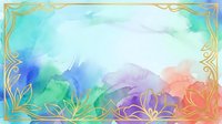 Watercolor gradient background with gold ornamental floral border frame, soft pastel colors transitioning from turquoise to pink, isolated on white for design projects.