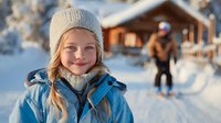 Smiling young girl with blonde braids wearing winter hat and blue jacket in snowy landscape with cabin and skier in background.