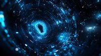 Futuristic cyber security keyhole tunnel with glowing blue digital elements and particles in dark space, technology protection concept background.