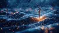 Wind turbine emerging from glowing particles in dark blue abstract landscape with bokeh lights and magical sparkles. Sustainable energy concept.