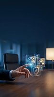 Businessman hand touching glowing digital icons representing global network, security, and team collaboration in modern office environment for business technology concepts.