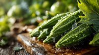 Fresh green cucumbers with water drops on rustic wooden cutting board, macro shot with selective focus and natural lighting for food photography.