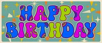 Happy Birthday text in vibrant multicolored letters with stars and confetti on teal background, isolated on transparent background for greeting cards, invitations, posters, and party decorations.
