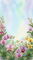 Watercolor orchid flowers frame with pastel rainbow background creating elegant botanical border for wedding invitations and spring greeting cards.