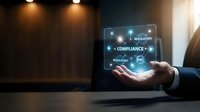 Businessman holding holographic compliance interface with regulatory icons and digital network connections in modern office environment.