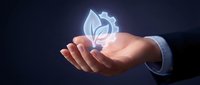 Hand holding glowing leaf hologram symbol representing eco-friendly business, sustainability, green technology, and environmental conservation initiatives.