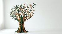 Wooden tree sculpture with green leaves and flying birds on white background, eco-friendly home decor piece for modern interior design and nature lovers.