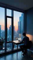 Professional businessman working on laptop at modern office desk with panoramic city skyline view during sunset hours for remote work and business concepts.