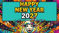 Cheerful sheep character wearing a colorful party hat celebrates the new year with vibrant confetti and festive decorations on a turquoise background. Suitable for holiday greeting cards, social media posts, and seasonal marketing materials.