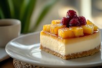 Creamy cheesecake slice topped with caramelized mango cubes and fresh raspberries on white plate, graham cracker crust base, coffee cup in background.