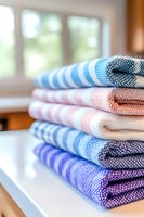 Stack of colorful striped kitchen towels folded neatly on wooden surface in bright home interior for cooking and cleaning tasks.