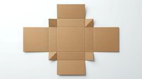 Cardboard box net template in kraft paper, unfolded flat pattern for packaging design and shipping container assembly on white background.