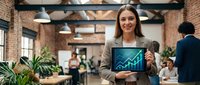 Professional businesswoman holding tablet displaying growth chart in modern office workspace with colleagues working in background.