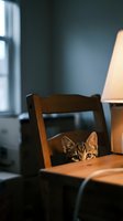 Tabby cat peeking over wooden chair at dining table in modern interior with window light and lamp, suitable for home decor and pet lifestyle content.