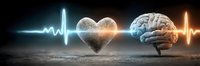 Heart and brain connected by glowing heartbeat line on dark background representing mind-body connection in healthcare and wellness concepts.