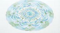 Watercolor mandala with layered petals in blue, green, and cream tones, featuring intricate geometric patterns and soft diffused edges for meditation and wellness designs.