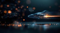 Futuristic spacecraft silhouette with glowing light trails against dark space background with bokeh effects and reflective surface, creating sci-fi atmosphere.