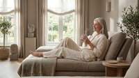 Mature woman with long gray hair, Caucasian ethnicity, relaxing on beige sofa reading book in bright living room with natural light from windows and neutral home decor.