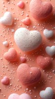 Fluffy textured hearts in coral pink and white float with tiny pearls against peachy background. Romantic Valentine composition with soft cotton candy effect.