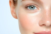Close-up of young Caucasian woman's face showing natural freckles, blue eye, and glowing skin against light blue background. For beauty and skincare advertising.
