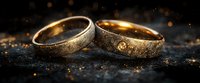 Golden wedding rings with textured surface and small diamond on dark background with bokeh lights and sparkles. Romantic jewelry symbolizing marriage and commitment.