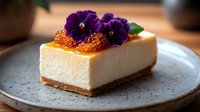 Slice of creamy cheesecake topped with orange marmalade and purple edible pansies on gray ceramic plate, close-up view against blurred wooden background.