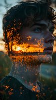 Creative double exposure portrait combining young male profile with sunset nature scene, golden hour lighting illuminates wild grass and tree silhouettes against orange sky.