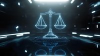 Glowing digital scales of justice with blue hologram effect on dark reflective surface, symbolizing law technology and digital transformation in legal industry.