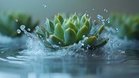 Green succulent plant with water droplets splashing around it in dramatic macro photography, creating dynamic motion effect against dark background.