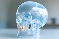 Transparent blue glass human skull model with visible teeth and cervical spine, side view on white background, for medical and science use.