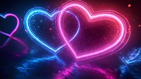 Glowing neon hearts in pink and blue colors with sparkles and light effects on dark background create romantic atmosphere for Valentine's day designs.