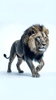 Majestic male lion with full mane walking against white background, isolated wildlife animal portrait for design, advertising, and editorial use.