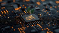 Green plant sprout growing from computer processor chip on dark circuit board with glowing orange lights, representing sustainable technology and innovation.