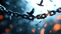 Breaking metal chain with birds flying away in dramatic lighting, symbolizing freedom, escape and liberation against dark moody background with orange bokeh effects.